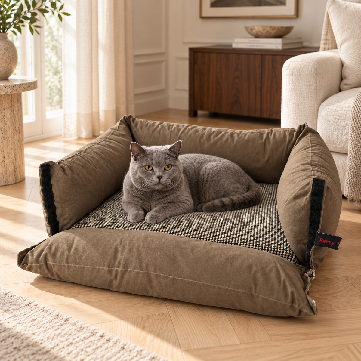 Katze im BerryPuff Tierbett Terra Classica mit heruntergeklapptem Frontteil, das weiterhin mit der Basis verbunden ist.