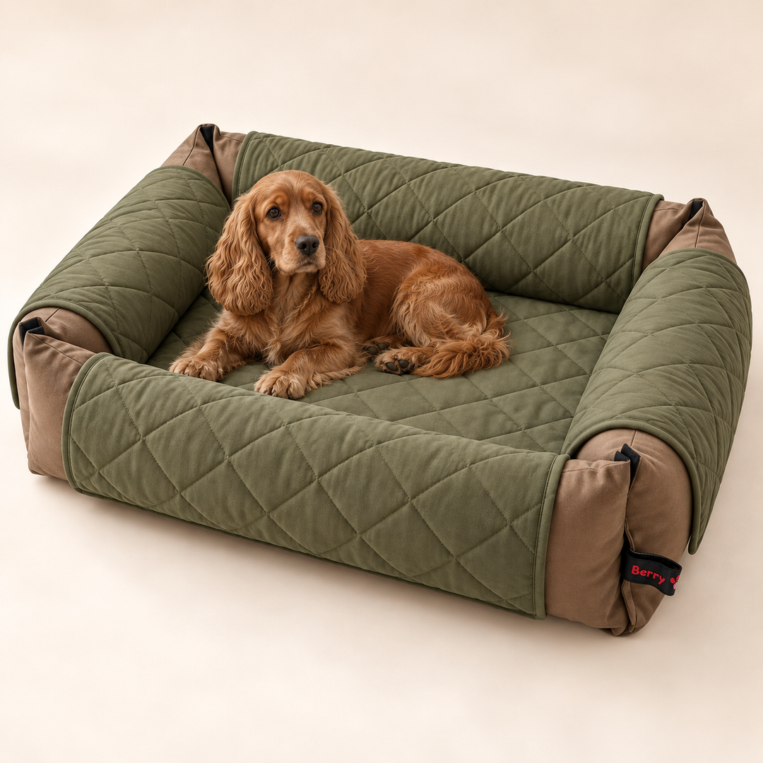 Cocker sulla BerryPuff con copertura trapuntata verde oliva a rombi ampi