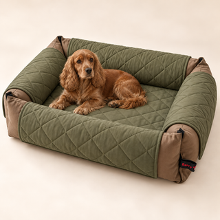 Cocker sulla BerryPuff con copertura trapuntata verde oliva a rombi ampi