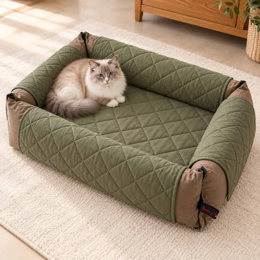 Gatto sulla BerryPuff Cover trapuntata, vista dall’alto con quattro falde e angoli liberi