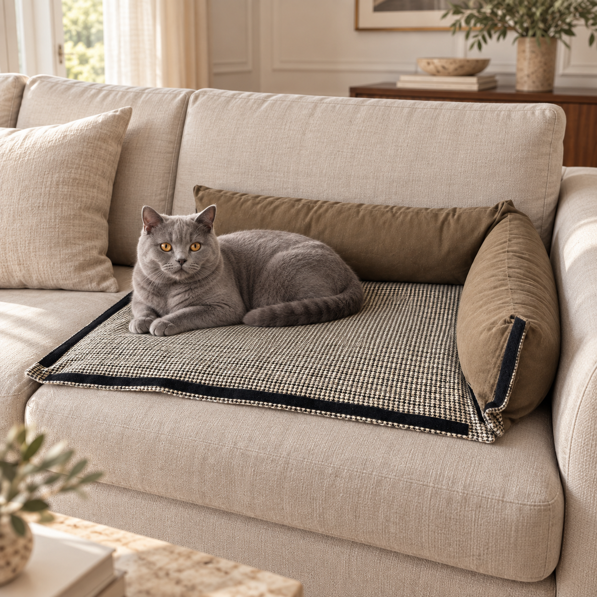 Katze auf dem Sofa auf der Textilbasis von BerryPuff Terra Classica, ohne Matratze und mit zwei haselnussbraunen Seitenteilen.